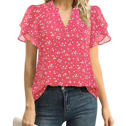 Polyester Blouses - Women's Chiffon Blouse V-Neck Puff Sleeve Summer Top for Work and Casual Wear