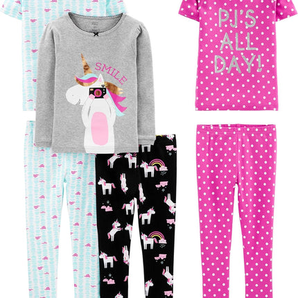 Girls Cotton Pajama Set 6-Piece - Snug Fit PJ Pack for Babies Toddlers