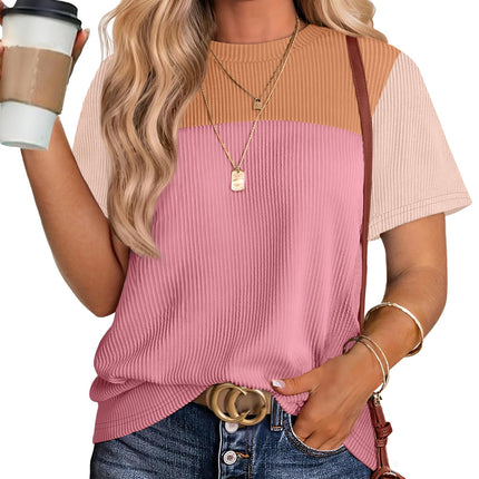 Women's Color Block Knit Shirt Short Sleeve Crewneck Top