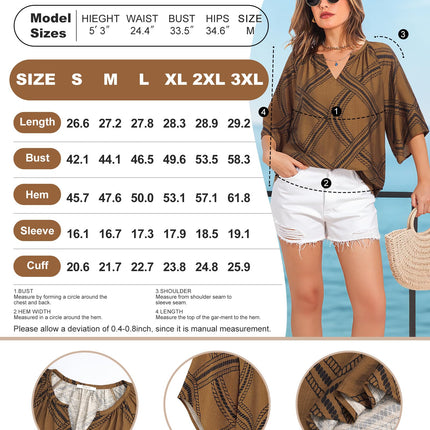 Big & Tall Clothing - Women's 3/4 Sleeve V-Neck Bohemian Peasant Blouse Loose Fit Tunic Top