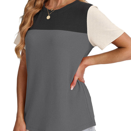 Women's Color Block Knit Shirt Short Sleeve Crewneck Top