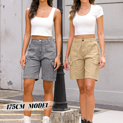 Women High Waisted Bermuda Cargo Shorts - 6 Pockets Stretchy Knee Length Summer Shorts