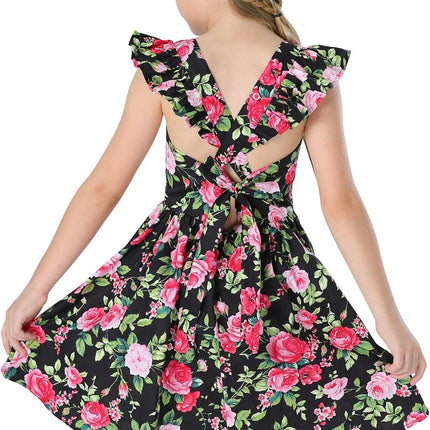 Girls Floral Cotton Dress - Sleeveless Summer Dress with Zipper Closure