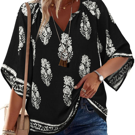Big & Tall Clothing - Women's 3/4 Sleeve V-Neck Bohemian Peasant Blouse Loose Fit Tunic Top