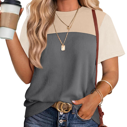 Women's Color Block Knit Shirt Short Sleeve Crewneck Top