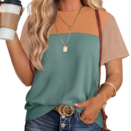 Women's Color Block Knit Shirt Short Sleeve Crewneck Top