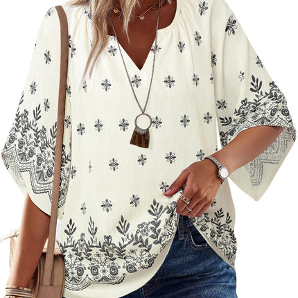 Big & Tall Clothing - Women's 3/4 Sleeve V-Neck Bohemian Peasant Blouse Loose Fit Tunic Top