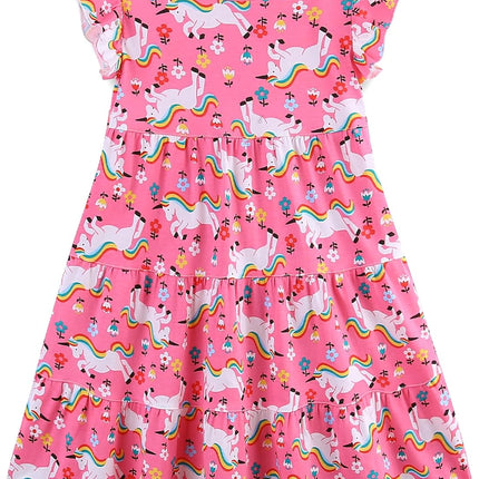 Girls Cotton Dress - Ruffle Sleeve Tiered A-Line Midi Sundress