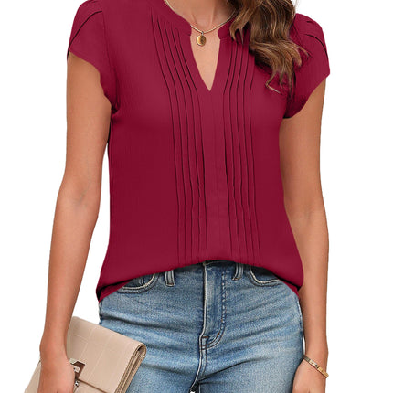 Beautiful Blouses For Ladies - Women's V-Neck Blouse with Pintuck Detail Short Petal Sleeve Business Top
