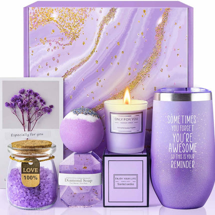 Lavender Spa Gift Basket for Women - 6 Piece Relaxation Set Birthday Christmas Mothers Day