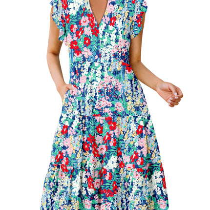 Blue Casual Dresses - Women's Summer Midi Dress - Ruffle Sleeve V-Neck Boho Beach Dress