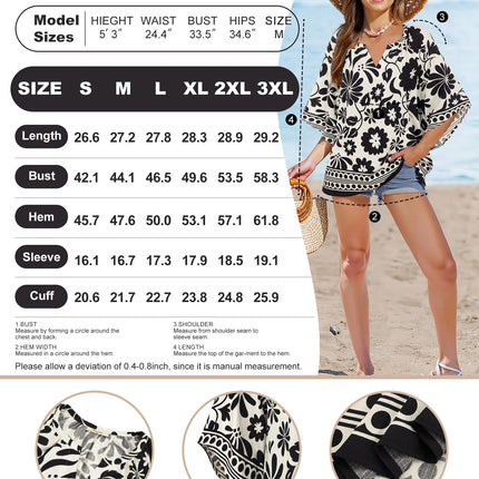 Big & Tall Clothing - Women's 3/4 Sleeve V-Neck Bohemian Peasant Blouse Loose Fit Tunic Top