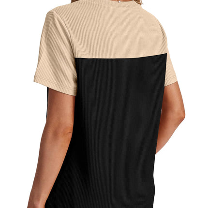 Women's Color Block Knit Shirt Short Sleeve Crewneck Top