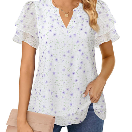 Polyester Blouses - Women's Chiffon Blouse V-Neck Puff Sleeve Summer Top for Work and Casual Wear