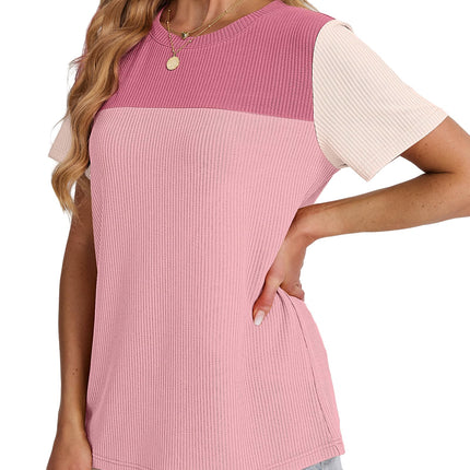 Women's Color Block Knit Shirt Short Sleeve Crewneck Top