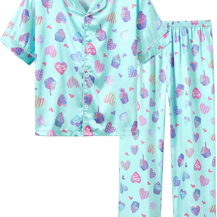 Girls Satin Pajama Set - Silky Button Down PJ with Shorts Size 6-16