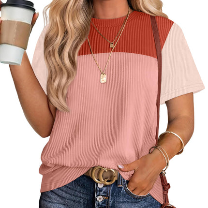 Women's Color Block Knit Shirt Short Sleeve Crewneck Top