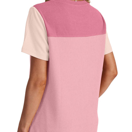 Women's Color Block Knit Shirt Short Sleeve Crewneck Top