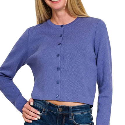Button-Front Crewneck Long Sleeve Cropped Cardigan