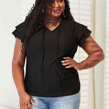 Double Take Eyelet Tie-Neck Flutter Sleeve Women Blouse