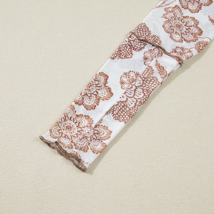 Brown Thumbhole Long Sleeve Floral Print Mesh Top