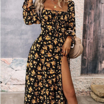 Flowers Printing Long Sleeve Dress Fashion Square-neck Bottom Slit