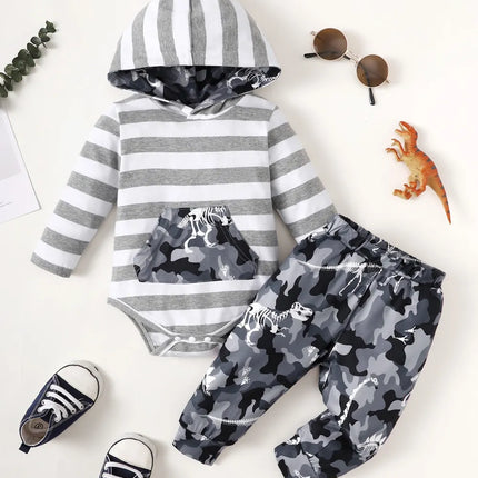 Children's Striped Hooded Bodysuit and Camouflage Pants Set