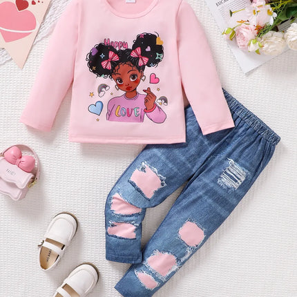 Children's Cartoon Graphic Top and Pants Set