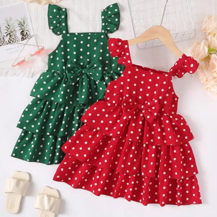 Bow Polka Dot Square Neck Layered Dress