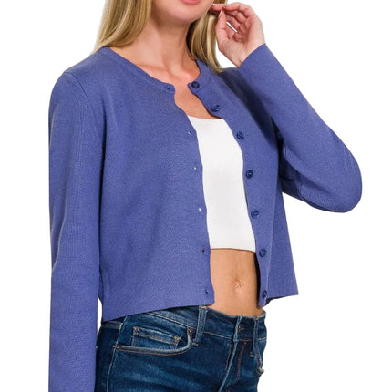 Button-Front Crewneck Long Sleeve Cropped Cardigan