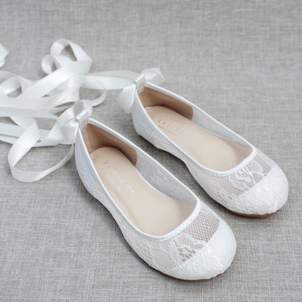 White New Lace Ballerina Flats with Ballerina Lace Up
