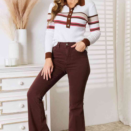 Basic Bae Striped Collared Neck Rib-Knit Women Top