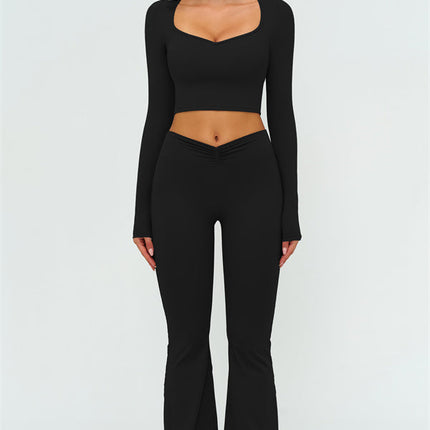 The Lushness Long Sleeve Crop Top Flared Leggings 2-Piece Set