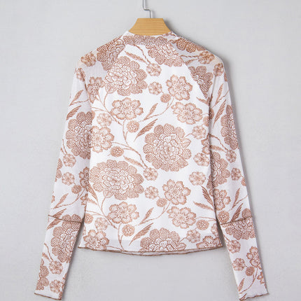 Brown Thumbhole Long Sleeve Floral Print Mesh Top