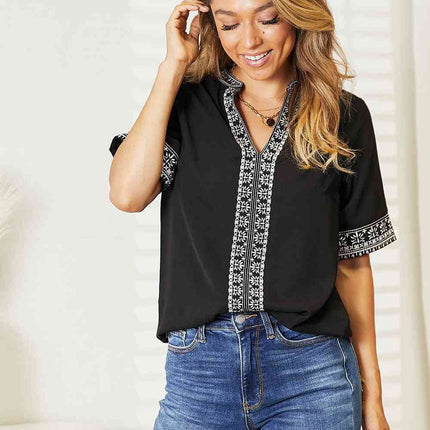 Double Take Embroidered Notched Neck Women Top