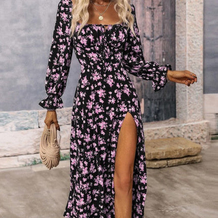 Flowers Printing Long Sleeve Dress Fashion Square-neck Bottom Slit
