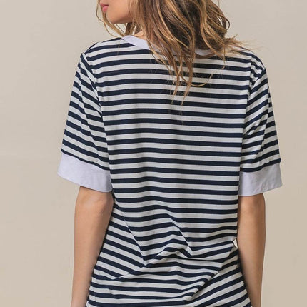BiBi Contrast Striped Notched Knit Women Top