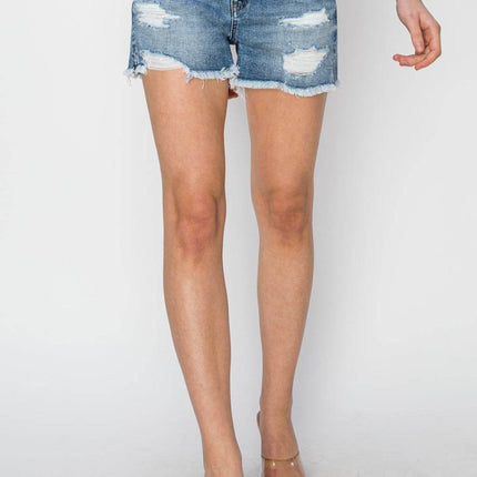 RISEN Stepped Waist Frayed Denim Women Shorts