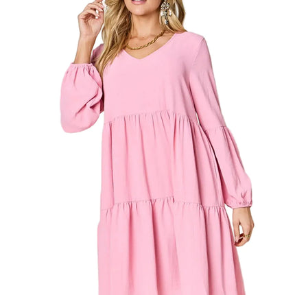 Garden Naked Women's Casual Dress Babydoll Tiered Dress with Pockets Long Sleeve Ruffle Hem Soft Cotton Blend Loose Fit