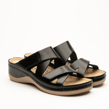 Laura by LEON– Women’s Leather Sandal- Comfort Slide Slip-on with Velcro Straps