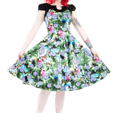 9082 Green Floral Swing Dress