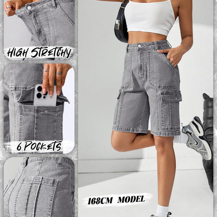 Women High Waisted Bermuda Cargo Shorts - 6 Pockets Stretchy Knee Length Summer Shorts