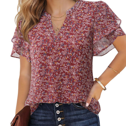 Polyester Blouses - Women's Chiffon Blouse V-Neck Puff Sleeve Summer Top for Work and Casual Wear