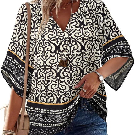 Big & Tall Clothing - Women's 3/4 Sleeve V-Neck Bohemian Peasant Blouse Loose Fit Tunic Top