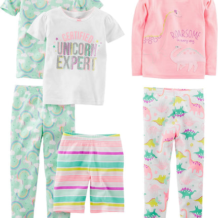 Girls Cotton Pajama Set 6-Piece - Snug Fit PJ Pack for Babies Toddlers