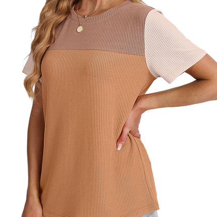 Women's Color Block Knit Shirt Short Sleeve Crewneck Top