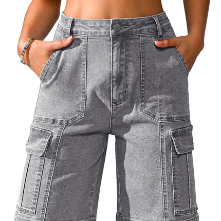 Women High Waisted Bermuda Cargo Shorts - 6 Pockets Stretchy Knee Length Summer Shorts