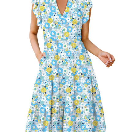 Blue Casual Dresses - Women's Summer Midi Dress - Ruffle Sleeve V-Neck Boho Beach Dress