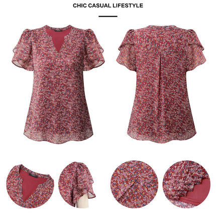 Polyester Blouses - Women's Chiffon Blouse V-Neck Puff Sleeve Summer Top for Work and Casual Wear
