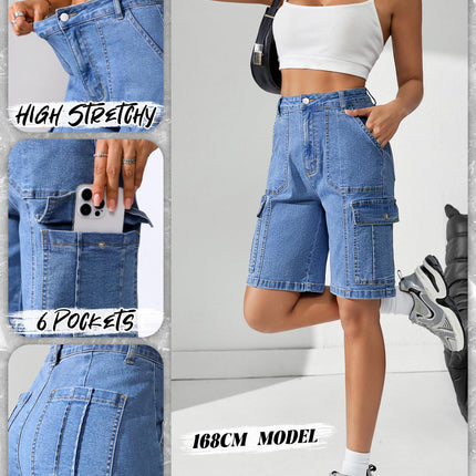 Women High Waisted Bermuda Cargo Shorts - 6 Pockets Stretchy Knee Length Summer Shorts